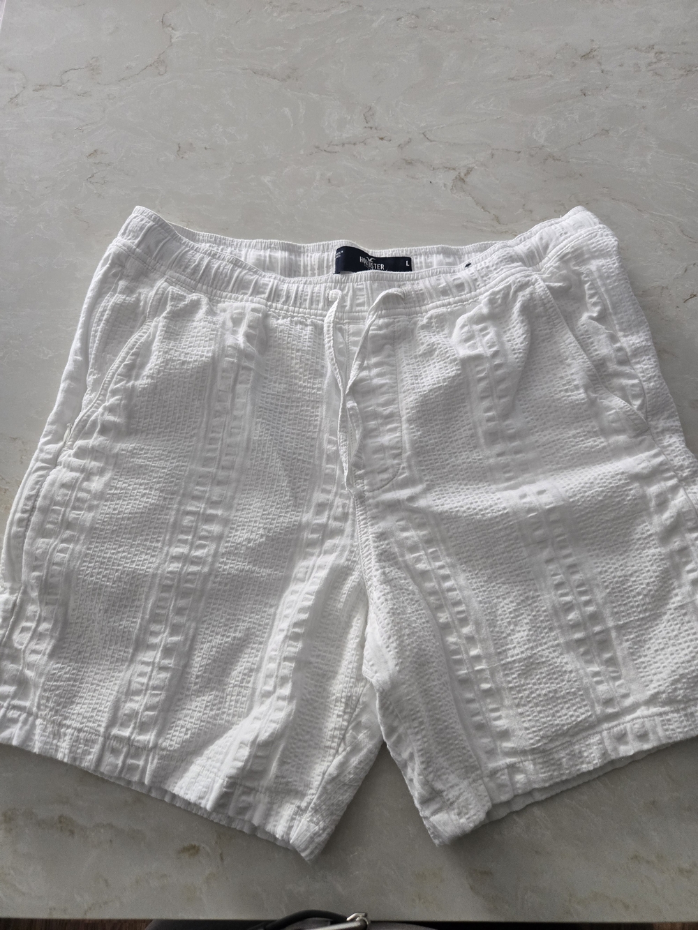 White Textured Drawstring Shorts